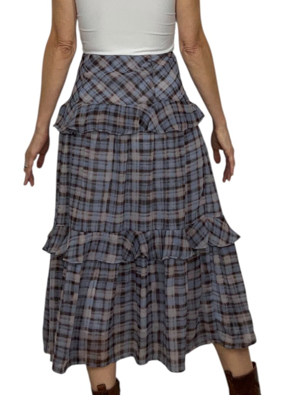 En Saison Briar Plaid Ruffle Tiered Midi Skirt XS Brown Blue Western - Picture 3 of 13